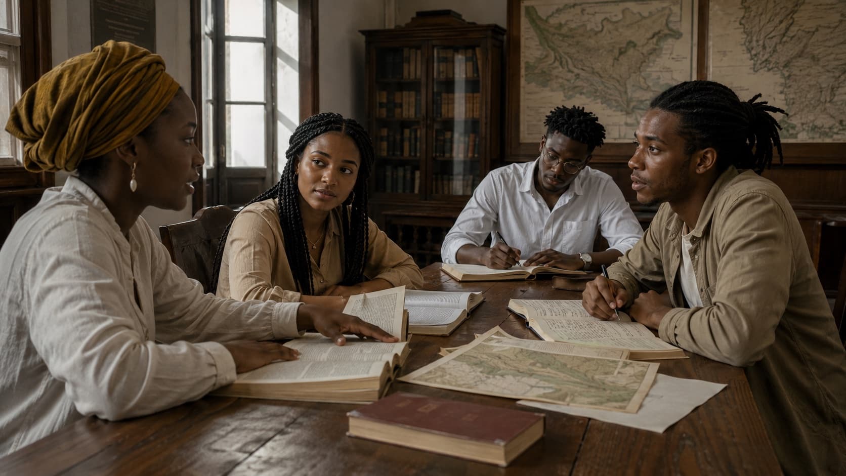 Four NIGA students in a seminar discussion around a wooden table