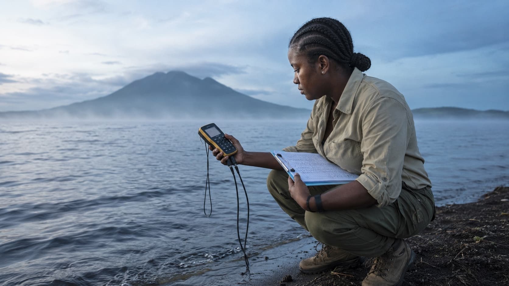 Research student at the shoreline of Lake Cocibolca at dawn, Volcán Mombacho in the haze behind